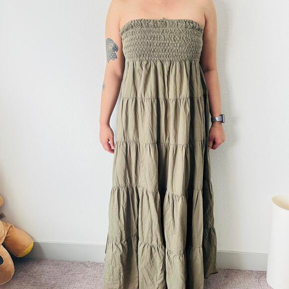 Mudd Y2K Khaki Tube Halter Maxi Dress Large Boho Stretchy Ruched Cotton - Picture 1 of 3